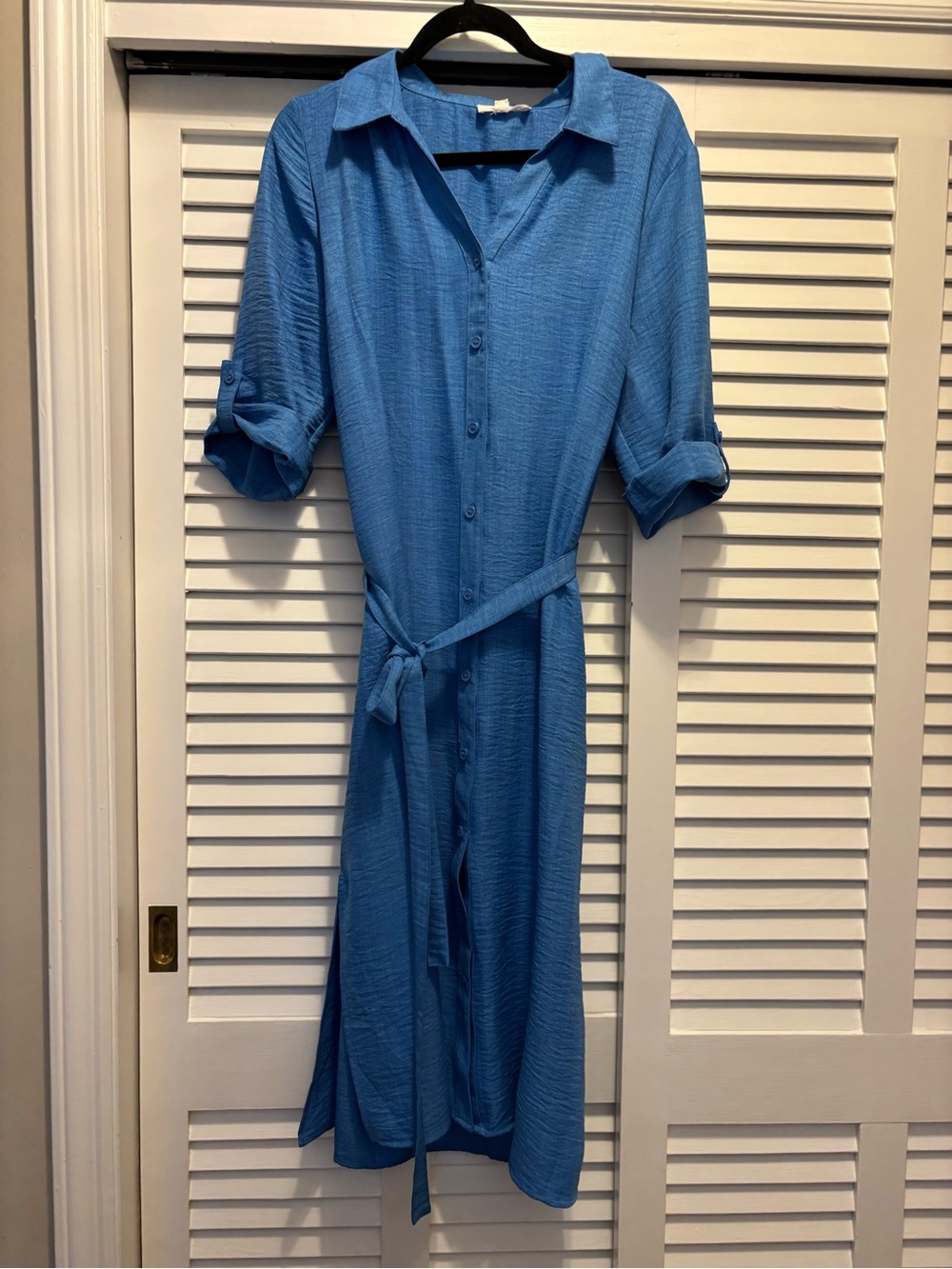 Button-Front Midi Shirt Dress with Self-Tie Waist — Blue